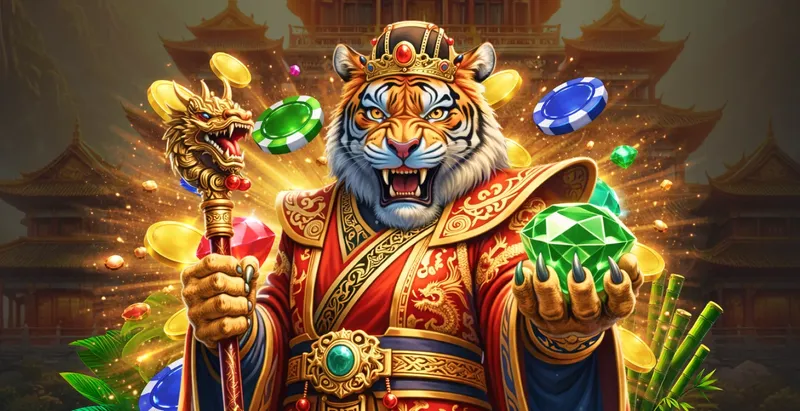 Casino Asino loyalty program artwork: a tiger in a royal robe holding a dragon staff and an emerald