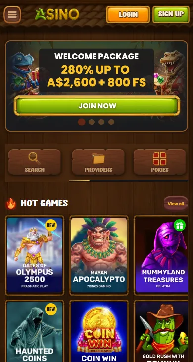 Asino Casino lobby on a phone with the welcome package and Hot games