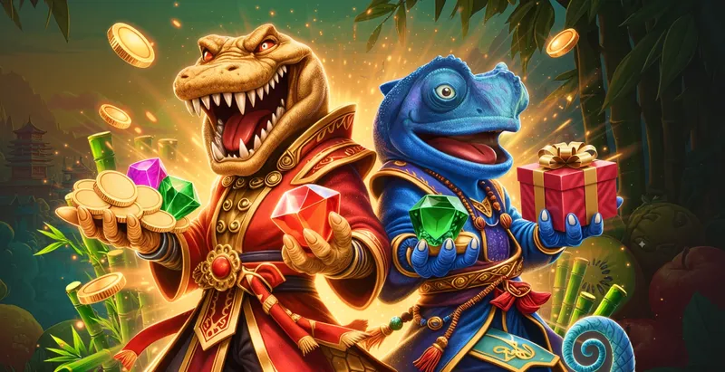 Asino Casino welcome package artwork with a crocodile and a chameleon in a bamboo jungle